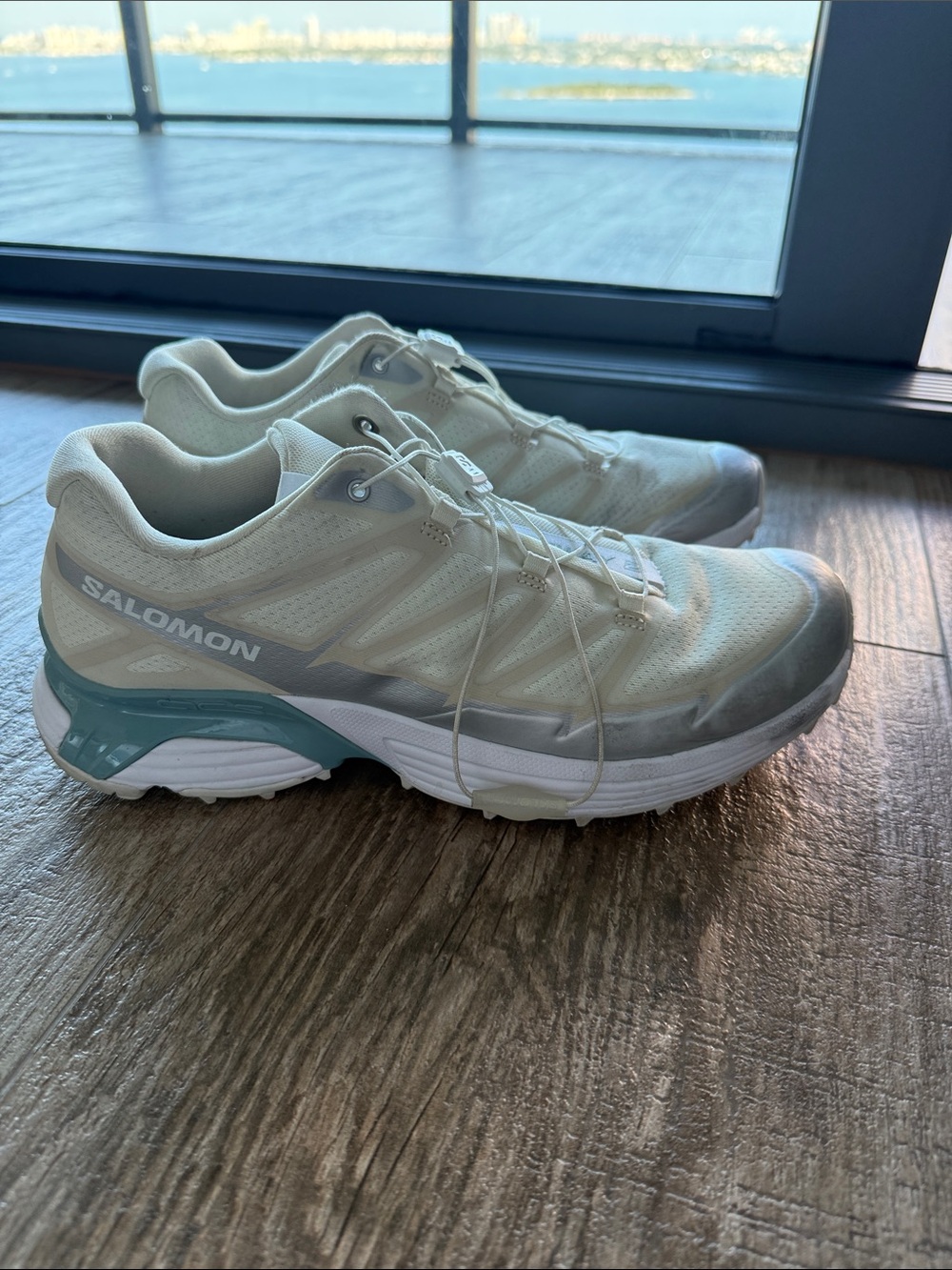 Salomon Women's Athletic Trail Shoes in Cream with Light Blue Accents